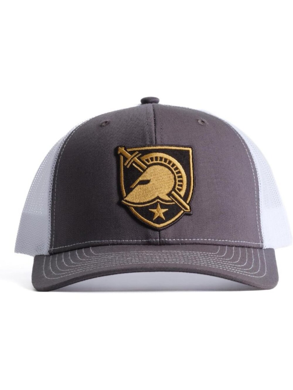 Custom Embroidered Collegiate Trucker Hat - Charcoal & White, Snapback Closure